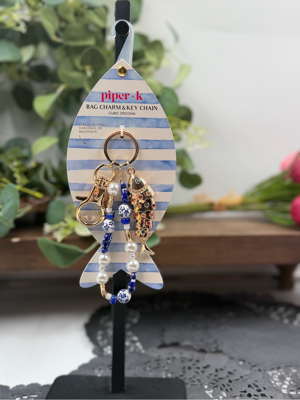 piper•k Gold Fish & Blue Bead Bag Charm Keychain